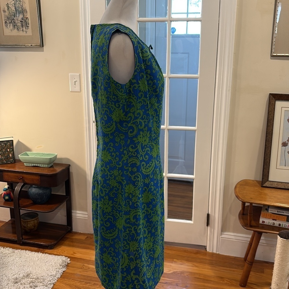 Vintage Eve Carver sleeveless dress. Dark blue with green design. Size M. - Picture 5 of 8